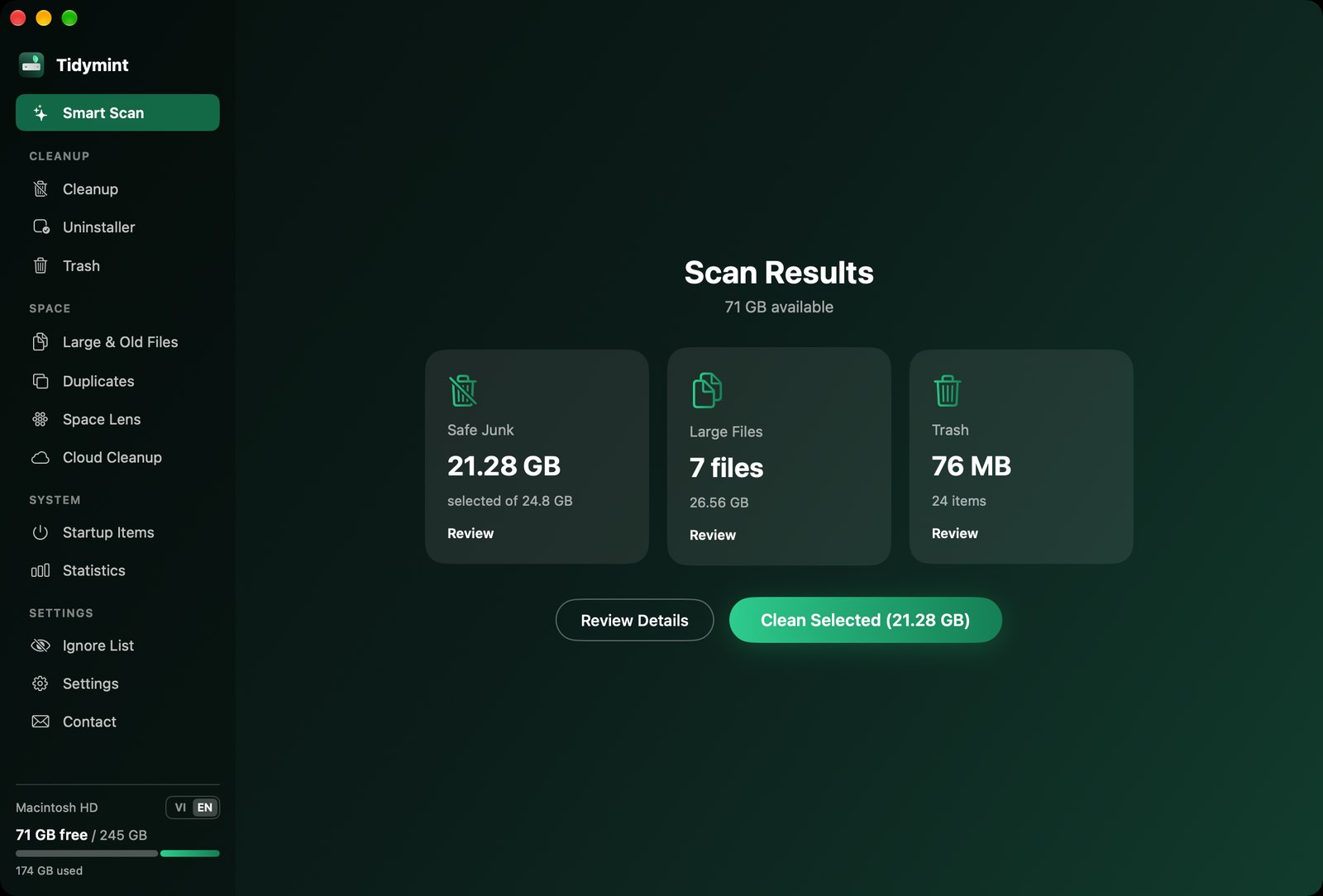 Tidymint Smart Scan results: 21 GB of safe junk found